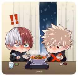  ! !! 2boys :t bakugou_katsuki black_hoodie blonde_hair blue_eyes blush boku_no_hero_academia border bowl brown_eyes chopsticks closed_mouth commentary crying cup curtains eating food_request full-face_blush hair_between_eyes heterochromia highres holding holding_bowl holding_chopsticks hood hood_down hoodie indoors long_sleeves male_focus multicolored_hair multiple_boys red_eyes red_hair salt_-_siomsb snowing spicy spiky_hair split-color_hair sweat todoroki_shoto twitter_username untranslatable_commentary white_border white_hair wide-eyed window 