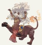  1boy abuku animal_ears armlet armor arms_up blue_gemstone bracer bright_pupils claw_pose claws dark-skinned_male dark_skin facial_mark fang fingernails flame-tipped_tail full_body gem hair_ornament jewelry lion_boy lion_ears long_hair looking_down male_focus monster_boy neck_ring open_mouth original pelvic_curtain sharp_fingernails short_eyebrows sidelocks solo standing tail tail_ornament taur white_background white_hair white_pupils yellow_eyes 