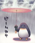  animal animal_focus bird clouds commentary_request hijikata-san_(m.m) holding m.m no_humans original outdoors penguin rain shadow solid_oval_eyes solo standing steam translation_request 