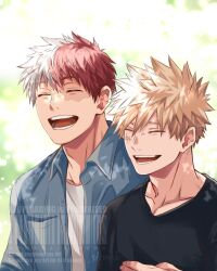  2boys bakugou_katsuki black_shirt blonde_hair blue_jacket boku_no_hero_academia burn_scar closed_eyes collarbone collared_jacket commentary_request highres jacket male_focus multicolored_hair multiple_boys open_mouth red_hair round_teeth salt_-_siomsb scar scar_across_eye scar_on_cheek scar_on_face shirt split-color_hair teeth todoroki_shoto upper_body watermark white_hair white_shirt wing_collar 