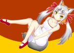  1girl absurdres animal_costume animal_ear_fluff animal_ears dress fox_ears fox_girl fox_tail highres island_fox_(kemono_friends) kemono_friends kemono_friends_v_project long_hair looking_at_viewer multicolored_hair nekomimi_illust red_footwear red_ribbon ribbon shoes simple_background solo tail twintails virtual_youtuber white_dress yellow_eyes 