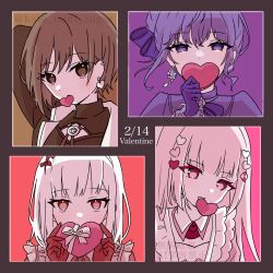  1other 25-ji_nightcord_de._(project_sekai) 3girls akiyama_mizuki apron arm_behind_head asahina_mafuyu blunt_bangs bow_hairband box brooch brown_eyes brown_hair brown_jacket brown_shirt brown_theme candle_no_kaori_wa_omoide_to_tomo_ni_(project_sekai) checkerboard_cookie checkerboard_cookie_hair_ornament cleavage_cutout clothing_cutout collar column_lineup commentary cookie cookie_hair_ornament covered_mouth dated detached_collar dot_nose ear_piercing earrings english_commentary english_text food food-themed_hair_ornament frilled_apron frilled_shirt frills funsai_seyo!_unvalentine_no_fukushuu_(project_sekai) gem gloves grid_lineup hair_bun hair_ornament hair_ribbon hairband half-closed_eyes heart heart-shaped_box heart_earrings heart_hair_ornament holding holding_box jacket jewelry juliet_sleeves kato_mint_sugar kono_hito_hari_ni_omoi_wo_komeru_(project_sekai) lapels light_blush long_hair long_sleeves looking_at_viewer mouth_hold multiple_girls notched_lapels official_alternate_costume official_alternate_hairstyle open_clothes open_jacket other_focus piercing pink_hair portrait project_sekai puffy_sleeves purple_background purple_gem purple_gloves purple_hair purple_ribbon purple_shirt red_background red_eyes red_gloves red_hairband red_ribbon red_theme ribbon shinonome_ena shirt sidelocks single_earring take_the_best_shot!_(project_sekai) turtleneck turtleneck_shirt twitter_username upper_body valentine violet_eyes watermark wavy_sidelocks yoisaki_kanade 