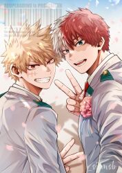  2boys bakugou_katsuki blue_eyes boku_no_hero_academia brown_eyes burn_scar commentary_request flower grey_jacket grin hair_between_eyes heterochromia highres jacket lapels looking_at_viewer male_focus multicolored_hair multiple_boys necktie open_mouth parted_bangs pink_flower red_hair red_necktie salt_-_siomsb scar scar_on_cheek scar_on_face school_uniform shirt smile split-color_hair teeth todoroki_shoto u.a._school_uniform upper_body v watermark white_hair white_shirt 