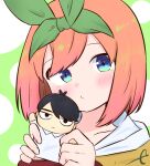  1girl bangs blue_eyes blush brown_hoodie character_doll closed_mouth collarbone commentary doll eyebrows_behind_hair go-toubun_no_hanayome green_background green_ribbon hair_ribbon hands_up head_tilt holding holding_doll hood hood_down hoodie kujou_karasuma looking_at_viewer nakano_yotsuba orange_hair ribbon signature symbol-only_commentary two-tone_background uesugi_fuutarou white_background 