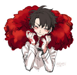  1boy artist_name black_hair blush borrowed_accessory closed_eyes command_spell cropped_torso dated fate/grand_order fate_(series) fujimaru_ritsuka_(male) fur_scarf kuzen long_sleeves male_focus shirt short_hair sketch smile white_shirt 