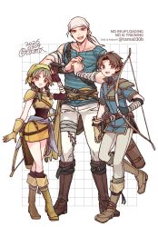  1girl 2boys armor arrow_(projectile) asymmetrical_gloves bandaged_arm bandages bandana belt black_shirt blue_shirt boots bow_(weapon) braid breastplate breasts brown_armor brown_belt brown_boots brown_eyes brown_gloves brown_hair brown_skirt commentary crossed_legs dart_(fire_emblem) dated elbow_gloves fingerless_gloves fire_emblem fire_emblem:_the_blazing_blade full_body gloves green_bandana green_eyes green_hair grey_armor grid_background high_collar highres holding holding_bow_(weapon) holding_weapon knee_boots leg_belt leg_up long_hair looking_at_viewer medium_breasts multiple_belts multiple_boys muscular muscular_male open_mouth pants parted_bangs quiver rebecca_(fire_emblem) sayu030b shirt short_hair short_sleeves shoulder_armor signature skirt sleeveless sleeveless_shirt smile standing standing_on_one_leg striped_clothes striped_shirt torn_clothes torn_pants twin_braids twintails twitter_username watermark watson_cross weapon weapon_on_back white_background white_bandana white_pants wil_(fire_emblem) 