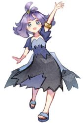  1girl :d acerola_(pokemon) arm_up armlet blush commentary_request dress full_body hair_ornament hairclip jewelry pokemon pokemon_sm purple_hair sandals sea_ml short_hair short_sleeves smile solo violet_eyes waving white_background 