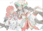  1boy 1girl ara_haan black_hair braid chinese_clothes closed_eyes crying elsword elsword_(character) facing_another linbai22 long_hair looking_at_another marici_(elsword) multicolored_hair red_eyeliner redhead sacred_templar_(elsword) short_hair sketch white_background white_hair 
