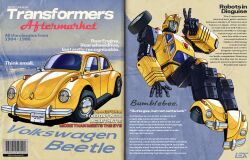  absurdres autobot blue_eyes bumblebee_(transformers) cover fake_magazine_cover highres horns humanoid_robot insignia lextodrawstuff magazine_cover mecha motor_vehicle robot science_fiction transformers transformers:_generation_1 v volkswagen volkswagen_beetle wheel 