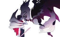  1boy 1other absurdres alternate_form asriel_dreemurr asriel_dreemurr_(god_of_hyperdeath) black_hair blue_skin cape chinese_commentary colored_skin commentary_request deltarune disembodied_hand gloves goat_boy highres hikokisleep247 horns kris_(dark_world)_(deltarune) kris_(deltarune) red_cape short_hair simple_background undertale utdr_(toby_fox) white_background 