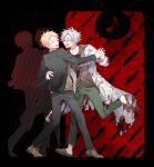  2boys atou_haruki black_jacket blonde_hair blood blood_on_clothes brown_footwear brown_shirt chinese_commentary closed_eyes commentary_request eighth_note full_body glasses green_eyes green_pants grey_pants hand_on_another&#039;s_waist highres holding_hands jacket kanou_aogu knife labcoat long_sleeves male_focus multiple_boys musical_note open_clothes open_jacket open_mouth pants ribbed_sweater saibou_shinkyoku sakuraihum shirt shoelaces shoes short_hair slippers smile speech_bubble sweat sweater turtleneck turtleneck_sweater white_hair wide-eyed yellow_sweater 