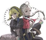 2girls ahoge back-to-back bangs belt black_legwear blonde_hair boots braid breasts buttons capelet choker commission commissioner_upload constance_von_nuvelle dress fire_emblem fire_emblem:_three_houses fire_emblem_fates fire_emblem_heroes frilled_dress frills garreg_mach_monastery_uniform hairband highres holding_orb hood hood_down hooded_capelet long_hair looking_at_viewer mariirasuto7 medium_breasts medium_hair multicolored_hair multiple_girls nina_(fire_emblem) non-web_source orb parted_bangs purple_hair purple_hairband red_hood scarf simple_background sitting smile turtleneck twin_braids two-tone_hair white_hair white_hairband 