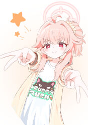  1girl ahoge animal_print blue_archive blush cat_print double_v gyaru_v halo highres jacket kazusa_(band)_(blue_archive) kazusa_(blue_archive) kokonahizuru natsu_(blue_archive) official_alternate_costume open_clothes open_jacket pink_hair pink_halo print_shirt shirt smile solo star_(symbol) v white_shirt yellow_jacket yoshimi_(blue_archive) 