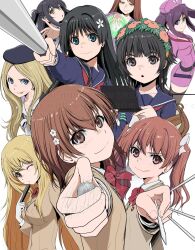  baseball_bat blue_serafuku character_request coin commentary_request dress flower_hairband frenda_seivelun highres looking_at_viewer mac-v misaka_mikoto needle nurse one_eye_closed purple_dress sakugawa_school_uniform saten_ruiko school_uniform serafuku shirai_kuroko shokuhou_misaki signature smile throwing_needles toaru_kagaku_no_railgun toaru_majutsu_no_index tokiwadai_school_uniform triangle_mouth twintails uiharu_kazari upper_body watermark winter_uniform 