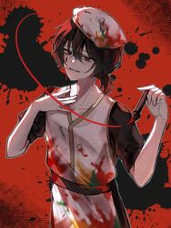  1boy apron beret black_eyes black_hair black_shirt commentary_request cowboy_shot facial_mark film_grain hair_between_eyes hand_on_own_chest hat highres holding holding_paintbrush korean_commentary limbus_company looking_at_viewer male_focus paint_on_clothes paint_splatter paintbrush ponytail project_moon ranyo0680 red_background red_pupils ring_(identity)_(project_moon) shirt short_ponytail short_sleeves smile solo teardrop_facial_mark vest white_apron white_hat white_vest yi_sang_(project_moon) 