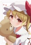  1girl bangs blonde_hair closed_mouth collarbone crystal flandre_scarlet hat heart highres holding holding_stuffed_toy kamachi_(kamati0maru) looking_at_viewer mob_cap red_eyes solo stuffed_animal stuffed_toy teddy_bear touhou upper_body white_background white_headwear wings 