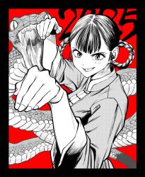  1girl 2025 black_border border braid braided_hair_rings chinese_clothes chinese_zodiac commentary_request greyscale_with_colored_background hair_rings hatching_(texture) highres kung_fu lee_(dragon_garou) open_mouth original red_background smile snake solo tangzhuang upper_body year_of_the_snake 