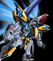  1990s_(style) absurdres beam_cannon commentary_request energy_wings gundam highres kds_(0049) mecha mecha_focus mobile_suit no_humans retro_artstyle robot science_fiction space v-fin v2_assault-buster_gundam v2_gundam victory_gundam zero_gravity 