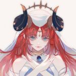  1girl bare_shoulders black_horns blue_veil cross detached_sleeves forehead_jewel genshin_impact horns light_blue_eyes long_hair looking_at_viewer nilou_(genshin_impact) off_shoulder ornament red_nails redhead shirt solo upper_body veil wenling65606 white_background 