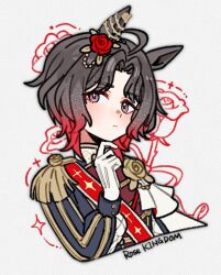  ahoge animal_ears blush brooch brown_hair character_name closed_mouth commentary cropped_torso ear_flower epaulettes flower flower_brooch four-pointed_star gloves gradient_hair horse_ears horse_girl jacket jewelry long_sleeves looking_at_viewer multicolored_hair print_sash red_hair red_sash rose_kingdom_(umamusume) saramiao-chan sash short_hair single_epaulette two-tone_hair umamusume vertical-striped_sleeves white_gloves 
