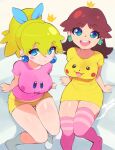  2girls aetherion blonde_hair blue_eyes blush brown_hair earrings highres jewelry long_shirt looking_at_viewer multiple_girls open_mouth pink_shirt ponytail princess_daisy princess_peach shirt shorts sitting smile super_mario_bros. symbol-only_commentary thigh-highs yellow_shirt yellow_shorts 