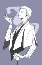  1boy cane fate/grand_order fate_(series) from_side gloves grey_background greyscale highres holding holding_cane holding_smoking_pipe kuzen long_sleeves looking_up male_focus monochrome profile sherlock_holmes_(fate) shirt short_hair smile smoking_pipe solo vest wingtip_collar 