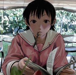  1girl awning azumanga_daioh azumanga_daioh's_school_uniform black_hair blurry blurry_foreground bob_cut book brown_eyes cafe chair close-up commentary day depth_of_field flipped_hair foliage forest grass highres holding holding_book kozuehikaru long_sleeves looking_at_viewer medium_hair mouth_hold nature neck_ribbon open_book outdoors pink_shirt pov reading red_ribbon ribbon sailor_collar school_uniform serafuku shirt sitting solo spoon table takino_tomo tree upper_body utensil_in_mouth white_sailor_collar winter_uniform 