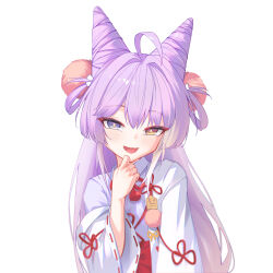  1girl absurdres ahoge blue_eyes blush commentary_request cone_hair_bun hair_between_eyes hair_bun hair_ornament hand_up heterochromia highres hyin japanese_clothes kimono long_hair looking_at_viewer multicolored_hair open_mouth pom_pom_(clothes) pom_pom_hair_ornament purple_hair simple_background solo stellive streaked_hair tenko_shibuki two-tone_hair upper_body virtual_youtuber white_background white_hair white_kimono white_streaks wide_sleeves yellow_eyes 