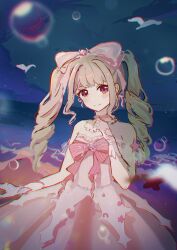  1girl absurdres bare_shoulders beach beads bird blonde_hair blue_sky bow bow_choker bowtie brooch bubble chinese_commentary choker closed_mouth clouds collarbone commentary_request cowboy_shot detached_sleeves dot_nose dress flower flower_brooch frilled_dress frilled_sleeves frilled_wrist_cuffs frills hair_bow hair_ornament hand_on_own_hip highres himawari901 infinity_nikki jewelry large_bow light_blush light_particles long_hair looking_at_viewer night nikki_(series) ocean outdoors pink_bow pink_bowtie pink_choker pink_dress pink_eyes pink_flower pink_ribbon pink_ribbon_waltz_(infinity_nikki) pink_wrist_cuffs pleated_dress pleated_sleeves ribbon ribbon_earrings ringlets see-through_clothes see-through_sleeves shell shell_hair_ornament short_sleeves sidelocks simple_bird sky smile solo standing star_(sky) star_brooch starry_sky strapless strapless_dress striped_bow striped_bowtie striped_clothes twintails vertical-striped_sleeves white_bird white_sleeves wrist_cuffs 