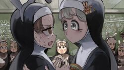  6+girls @_@ animal_ears bird blonde_hair blue_eyes brown_eyes brown_hair bunny_nun_(diva) burger chalkboard chicken clumsy_nun_(diva) commentary diva_(hyxpk) duck english_commentary eye_contact eyelashes eyewear_on_head food frog froggy_nun_(diva) glasses glasses_nun_(diva) grey_hair hair_ornament highres hungry_nun_(diva) hypnosis little_nuns_(diva) looking_at_another mind_control multiple_girls nervous_sweating nun ostrich rabbit_ears rabbit_hair_ornament round_eyewear sheep_nun_(diva) sparkling_eyes spicy_nun_(diva) sweat traditional_nun triangle_mouth yellow_eyes 