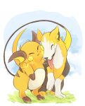 :3 affectionate animal_focus boltund closed_eyes closed_mouth commentary_request cuddling electricity grass highres kono2noko pokemon pokemon_(creature) raichu smile standing tongue tongue_out 