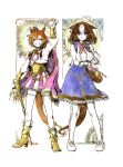  2girls ahoge animal_ears arm_up bag bangs between_breasts blue_dress boots breasts brown_hair cane cape closed_mouth corset crown dress frown full_body gloves grin high_heel_boots high_heels highres horse_ears horse_girl horse_tail jewelry large_breasts long_sleeves looking_at_viewer mame_nabe_donko medium_hair meisho_doto_(umamusume) mini_crown multicolored_hair multiple_girls open_mouth orange_hair pants ring shirt shoes short_hair shoulder_bag skirt smile standing strap_between_breasts t.m._opera_o_(umamusume) tail teeth thigh-highs traditional_media two-tone_hair umamusume v-shaped_eyebrows violet_eyes white_gloves white_legwear white_pants white_shirt 