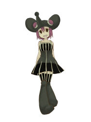  1girl black_boots black_dress boots collarbone commentary_request deformed dress full_body highres koakana-desu medium_hair mizune_(soul_eater) mouse_hat no_pupils open_mouth paw_shoes purple_hair simple_background sleeveless sleeveless_dress solo soul_eater striped_clothes striped_dress vertical-striped_clothes vertical-striped_dress white_background 