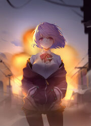  1girl bow bowtie breasts cityscape collared_shirt commentary explosion explosion_background grey_pantyhose gridman_universe hands_in_pockets highres jacket large_breasts long_sleeves looking_at_viewer orry pantyhose parted_lips partially_unzipped pleated_skirt power_lines purple_bow purple_bowtie purple_hair purple_jacket red_eyes school_uniform shinjou_akane shirt shoes short_hair skirt solo ssss.gridman white_shirt 