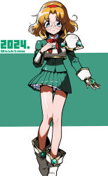  1girl armor artist_name blonde_hair breastplate commentary dated green_background green_eyes green_jacket green_skirt hairband hououji_fuu jacket layered_skirt looking_at_viewer magic_knight_rayearth medium_hair pleated_skirt red_hairband round_eyewear sasaki_tomomi single_shoulder_pad skirt smile solo 