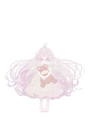  .hack// .hack//sign 1girl ahoge artist_name aura_(.hack//) bare_arms barefoot blush child closed_eyes commentary dress facing_viewer full_body hair_between_eyes highres holding holding_stuffed_toy long_hair medium_dress no_mouth ruhuna_02 short_sleeves simple_background single_bare_shoulder single_off_shoulder solo standing straight-on stuffed_animal stuffed_toy teddy_bear tiptoes very_long_hair watermark white_background white_dress white_hair 