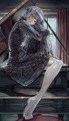  1girl absurdres commentary_request grand_piano grey_hair highres hugging_own_leg indoors instrument knee_up looking_at_viewer original pantyhose piano rain short_hair sitting skirt soleil_(soleilmtfbwy03) solo violet_eyes white_pantyhose 
