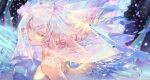  1girl absurdres artist_name bangs crystal feathered_wings floating_hair grey_eyes half-closed_eyes highres looking_at_viewer orange_sekaii original parted_lips pink_hair see-through solo veil wings 