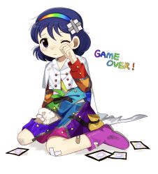  1girl ability_card_(touhou) bloomers blue_eyes blue_hair blush capelet collared_capelet commentary_request crossed_bandaids dirty dirty_clothes dress english_text frown full_body hand_up highres knees long_sleeves medium_hair multicolored_dress one_eye_closed partially_unzipped rainbow_gradient rainbow_hairband rainbow_text sitting solo tearing_up tenkyuu_chimata torn_clothes touhou wariza white_background white_bloomers white_capelet yamadainari 