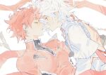  2boys blush closed_mouth elsword elsword_(character) facing_another genesis_(elsword) knight_emperor_(elsword) leaning_back leaning_forward linbai22 long_sleeves male_focus multiple_boys parted_lips red_eyes redhead short_hair sketch tattoo white_background white_hair 