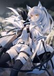  1girl absurdres animal_ears arknights belt black_legwear bow_(weapon) breasts eyebrows_behind_hair highres hizuki_miya holding holding_weapon horse_ears horse_girl horse_tail long_hair looking_at_viewer platinum_(arknights) solo stomach tail thigh-highs weapon white_hair yellow_eyes 