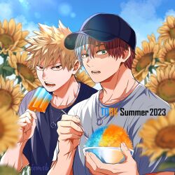  2boys arm_up bakugou_katsuki baseball_cap black_hat black_shirt blonde_hair blue_eyes boku_no_hero_academia bowl brown_eyes burn_scar clouds collarbone crew_neck dated english_text field flower flower_field food grey_shirt hair_between_eyes hat heterochromia highres holding holding_bowl holding_food holding_popsicle holding_spoon jewelry light_particles looking_at_viewer looking_to_the_side male_focus multicolored_hair multiple_boys necklace open_mouth outdoors parted_bangs popsicle red_hair ring ring_necklace salt_-_siomsb scar scar_on_face shaved_ice shirt short_hair sideways_glance sky split-color_hair spoon sunflower t-shirt teeth todoroki_shoto upper_body white_hair yellow_flower 