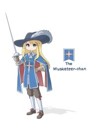  1girl ascot banner battle_standard blonde_hair blue_coat blue_eyes bow breeches brown_gloves brown_shorts cape character_name closed_mouth coat collar commentary cross english_commentary english_text fleur-de-lis france full_body fur_hat fur_trim gloves hand_on_own_hip hat heraldry highres holding holding_sword holding_weapon invisible_floor kneehighs leochan1202 long_coat long_hair looking_at_viewer musketeer original pink_bow rapier real_life red_cape ribbon shadow shoes shorts simple_background smile socks soldier solo sword tabard war_banner weapon white_background white_collar 