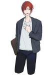  1boy absurdres aqua_eyes bag brown_bag collarbone gradient gradient_background grey_background hair_between_eyes hand_on_own_chest highres holding holding_bag jewelry male_focus necklace nishikikope open_clothes open_mouth orange_hair original sketch smile solo teeth upper_teeth 
