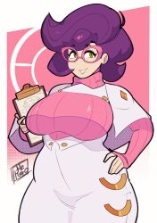  1girl artist_name artistic_error big_hair breasts capelet clipboard glasses green_eyes high-waist_skirt highres holding holding_clipboard large_breasts long_sleeves mature_female medium_skirt mrweirdsketch pencil_skirt pink-framed_eyewear pink_sweater plump pokemon pokemon_sm purple_hair ribbed_sweater short_hair skirt smile solo sweater turtleneck turtleneck_sweater white_capelet white_skirt wicke_(pokemon) 