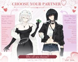  2girls bandaged_arm bandages belt black_choker black_dress black_gloves black_hair black_jacket black_necktie blunt_bangs blunt_ends bob_cut bomber_jacket breasts chain_belt character_name character_profile choker coat collar commentary crop_top deimos_(sy_no) denim denim_shorts dress elbow_gloves english_commentary english_text expressionless formal_clothes fur_coat gloves hair_bun hashtag heart heidi_(sy_no) highres holding holding_money jacket jewelry large_breasts leather leather_jacket looking_at_viewer midriff money multiple_girls navel necklace necktie off_shoulder original pendant punk red_eyes short_hair short_shorts shorts shoulder_spikes single_hair_bun small_breasts smile spiked_collar spiked_jacket spikes sy_no tomboy white_hair 