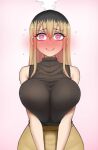  1girl @_@ black_hair blonde_hair blush breasts brown_hair brown_shirt heart heart-shaped_pupils kinjo_no_hito_no_nakimushi large_breasts long_sleeves looking_at_viewer looking_down multicolored_hair ochiai_(kinjo_no_hito_no_nakimushi) shirt simple_background skirt sleeveless sleeveless_shirt symbol-shaped_pupils two-tone_hair twrlare upper_body white_background 