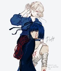  2girls asymmetrical_arms bandaged_arm bandages black_choker black_hair black_ribbon black_skirt blood blood_on_arm blood_on_clothes blood_on_face blue_shirt blunt_bangs blunt_ends bob_cut breasts carrying carrying_over_shoulder carrying_person chest_ribbon choker collared_shirt colored_eyelashes commentary deimos_(sy_no) english_commentary english_text hair_between_eyes hair_bun hand_on_another's_shoulder hand_on_another's_thigh hand_on_own_head heidi_(sy_no) highres large_breasts looking_to_the_side looking_up mismatched_arms monster_arm multiple_girls one_eye_closed original pale_skin puffy_sleeves red_eyes ribbon shirt short_hair simple_background single_hair_bun skirt small_breasts sy_no tank_top tied_tank_top tomboy white_background white_hair white_tank_top 