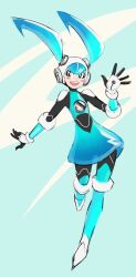  1girl ammonoid black_bodysuit black_eyes blue_dress blue_hair blue_thighhighs blush bodysuit dress english_commentary gloves highres humanization jenny_wakeman looking_at_viewer mechanical_hair mega_man_(series) mega_man_battle_network_(series) my_life_as_a_teenage_robot netnavi parody shoes smile solo style_parody thigh-highs waving white_gloves white_shoes 