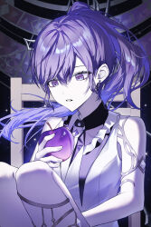  1girl absurdres apple asahina_mafuyu bare_arms bare_legs bare_shoulders black_shirt blue_eyes body_jewelry breasts chair commentary earrings empty_eyes fingernails floating_hair food frilled_shirt_collar frills fruit gem gold high_ponytail highres holding holding_food holding_fruit jewelry knees_up looking_at_food medium_breasts medium_hair moonpe_3v3 multicolored_eyes necktie official_alternate_costume parted_lips ponytail project_sekai purple_gem purple_hair purple_theme shirt sitting sleeveless sleeveless_shirt solo two-tone_eyes two-tone_shirt utakata_ni_idakarete_(project_sekai) violet_eyes white_gem white_necktie white_shirt 